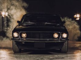 Classic black car in garage